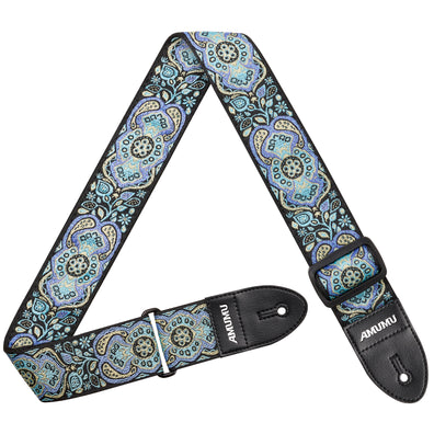 AMUMU Hootenanny Embroidery Guitar Strap Blue Cotton -CO04E-BL